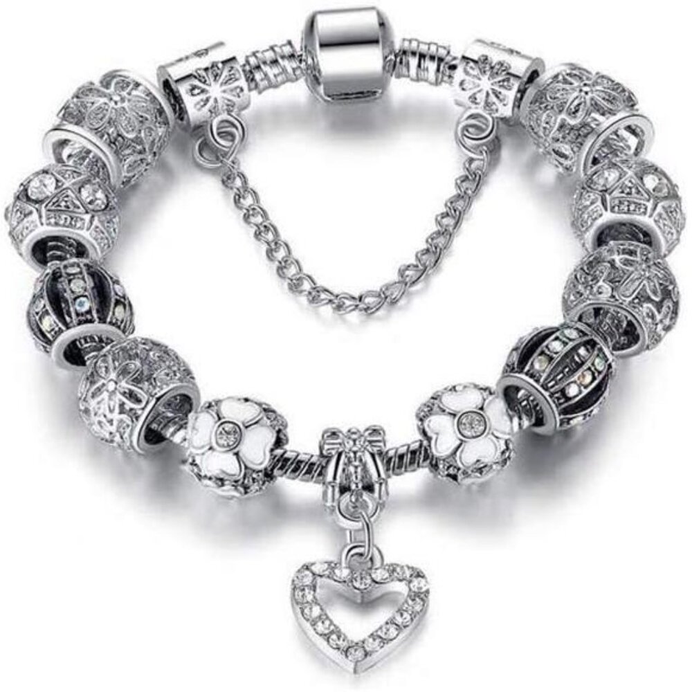 Silver Tone Charm Bracelet With Crystal And Murano Glass Beads Snake Chain